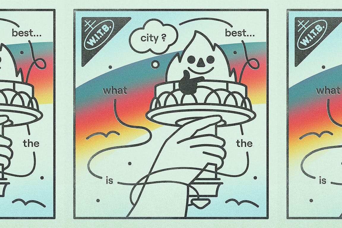 The hand of the Statue of Liberty has text that reads "What is the best city?"